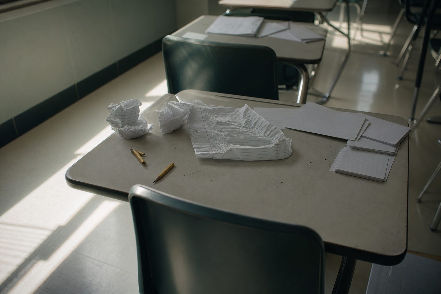 Crumpled notebook paper, a broken yellow pencil and scattered index cards on an empty classroom desk