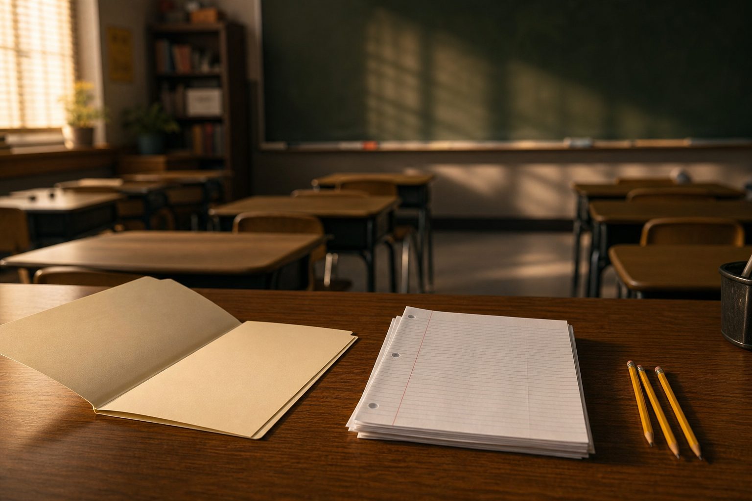 Open manila sub folder, ruled paper and yellow pencils on a teacher desk in front of a green chalkboard