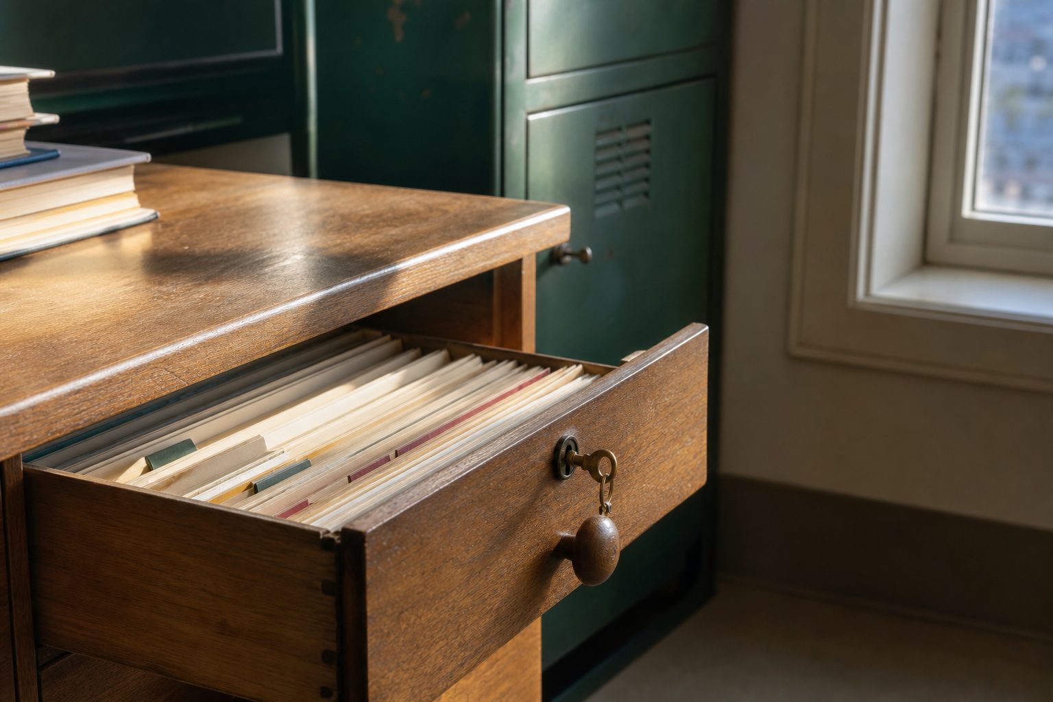 Half open teacher desk drawer holding tabbed cream file folders with a brass key in the lock