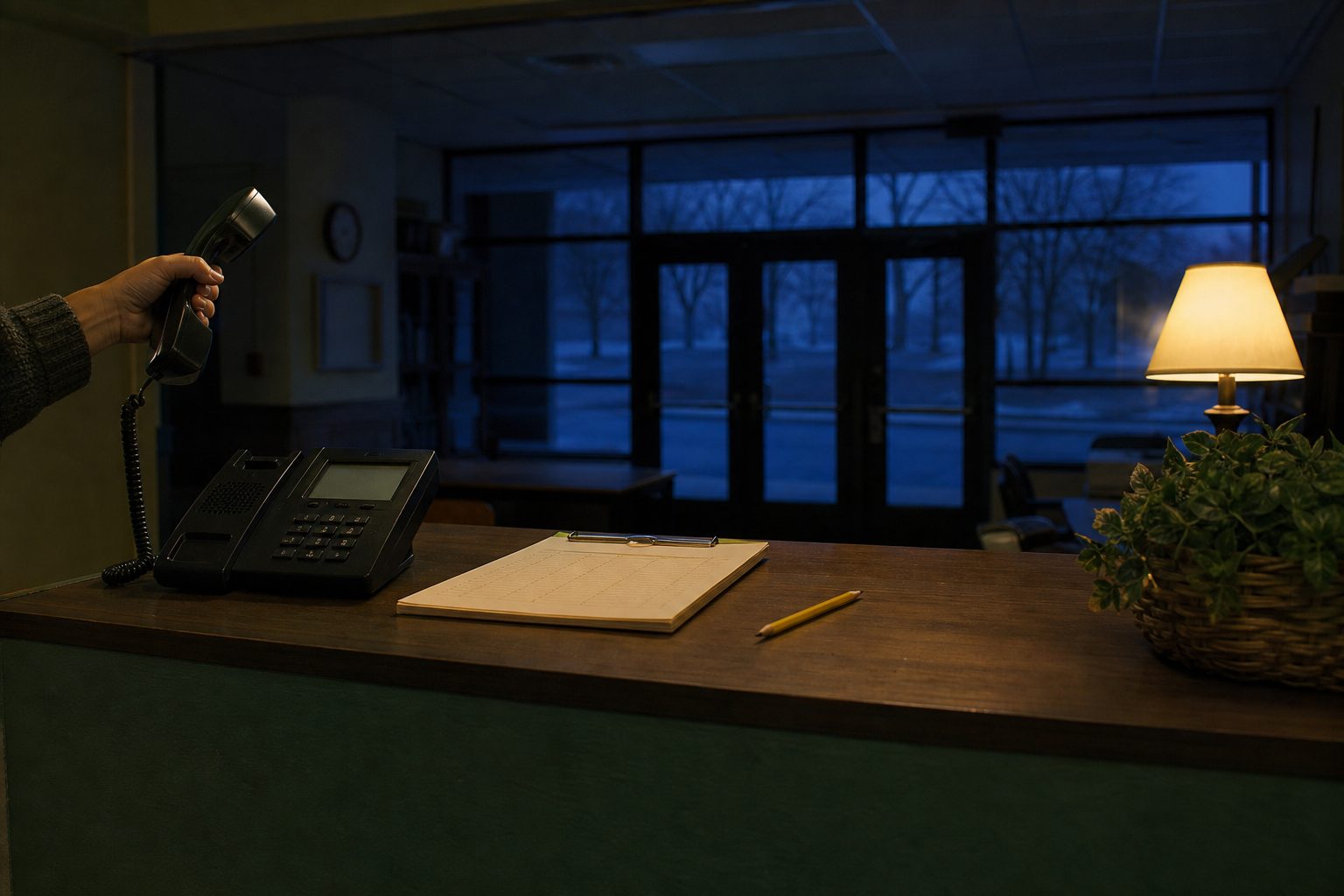 Front office desk phone off the hook beside a cream call log pad and pencil in predawn light