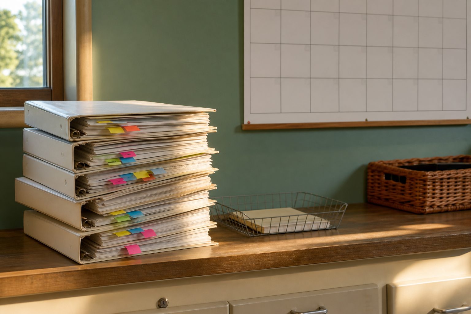 Stack of cream binders with sticky note tabs on a classroom counter under a blank wall calendar