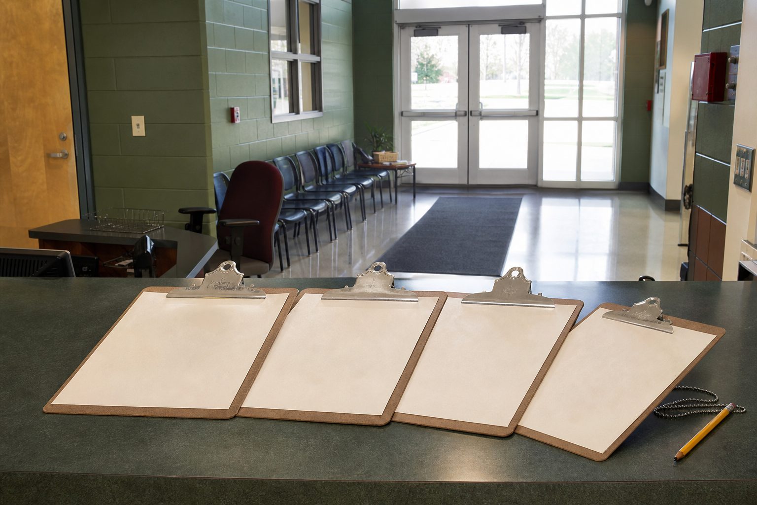 Four cream sign in clipboards fanned across a school front office counter against a chalk green wall