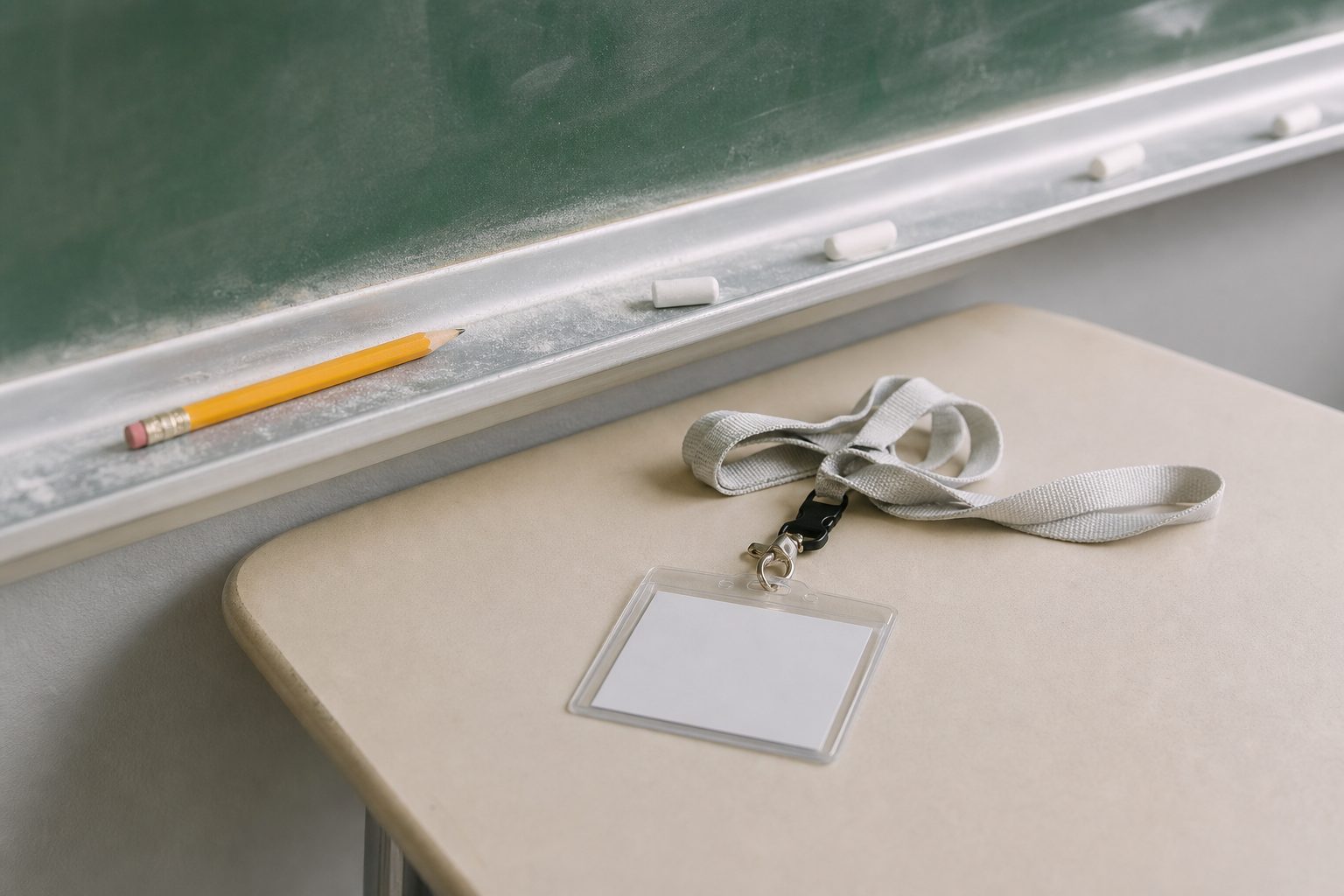 Blank visitor badge and lanyard on a classroom desk beside a chalk tray dusted with chalk