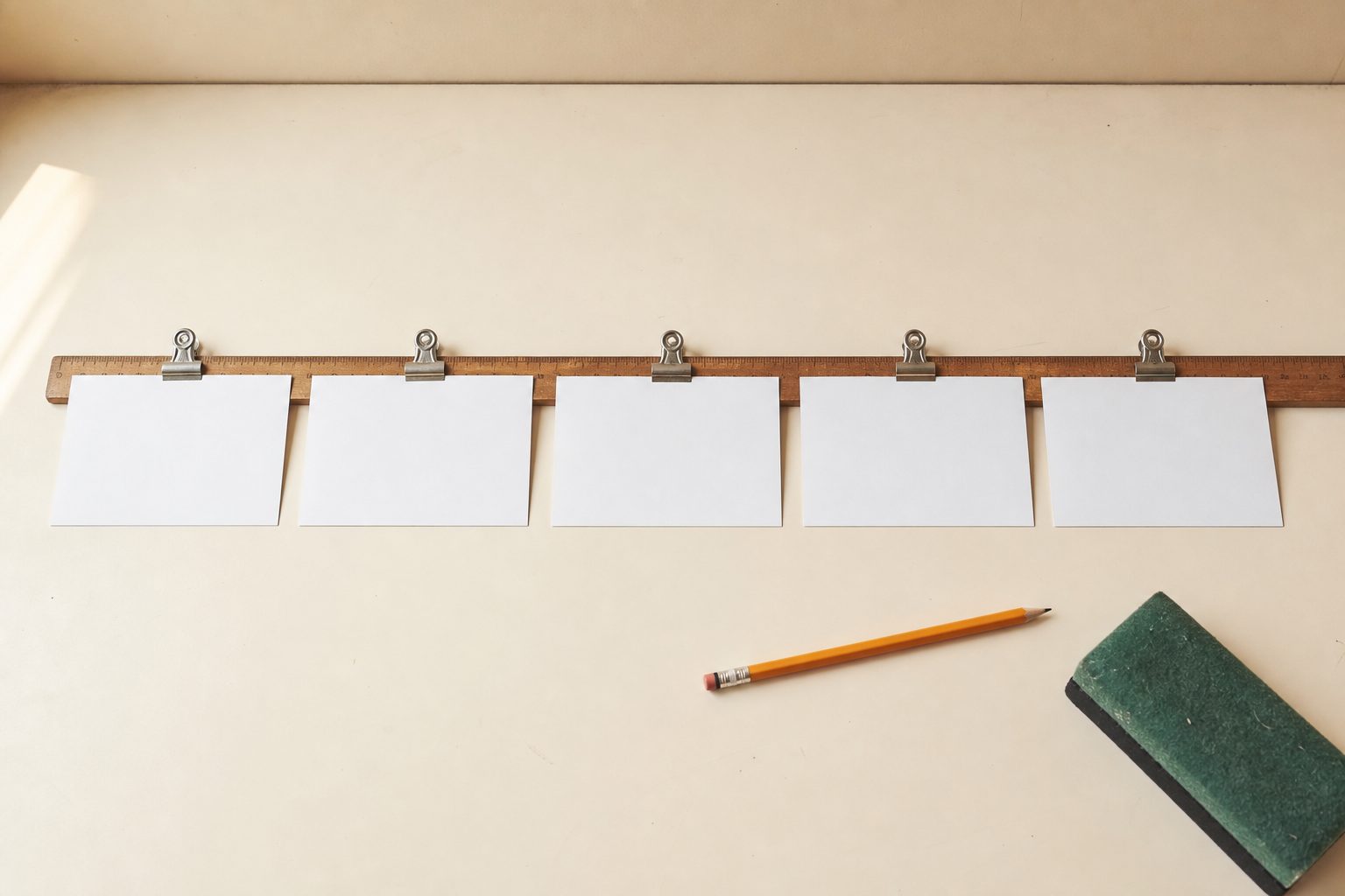 Blank index cards clipped along a wooden ruler on a cream desktop beside a yellow pencil and chalkboard eraser