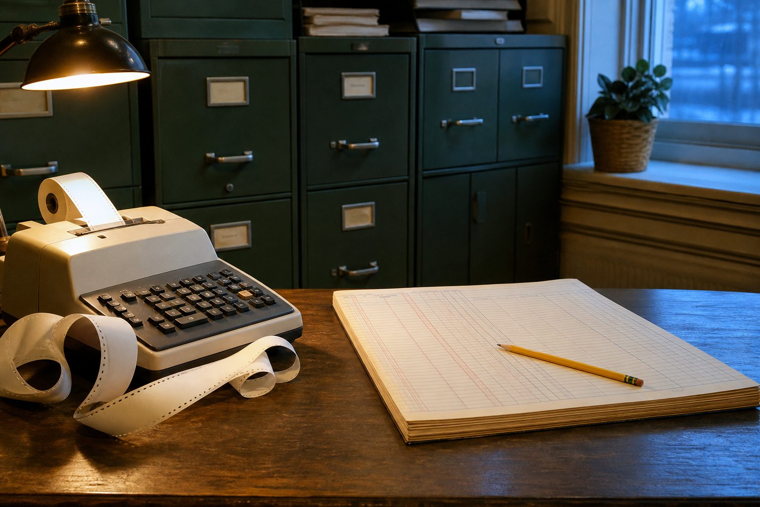 Adding machine, blank paper tape and a cream ledger on a school bookkeeper desk beside green filing cabinets
