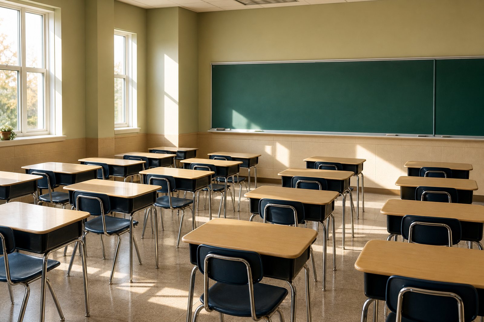 Empty bright elementary classroom with neat rows of desks, a green chalkboard at the front and afternoon sunlight falling across the floor